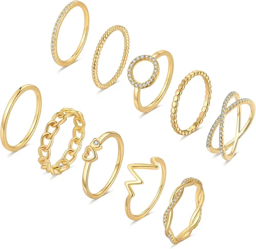KOHOTA Juego de 10 anillos chapados en oro de 14 quilates para mujer, apilables, anillos de nudillos apilables de oro, paquete de anillos apilables