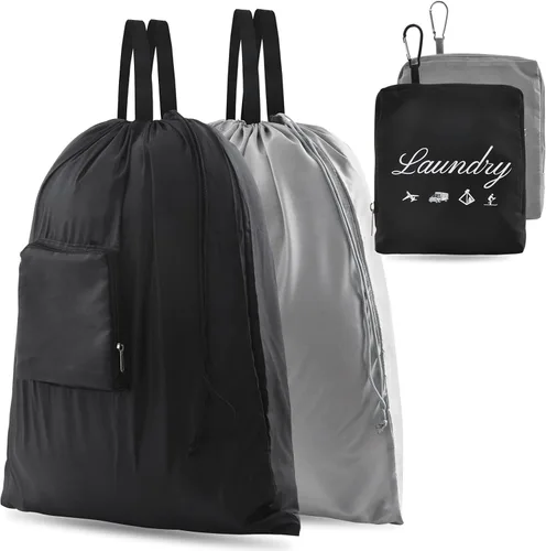 2 piezas de bolsas de lavandería de viaje JHX, organizador de ropa sucia【Actualizado】con asas y mosquetón de aluminio para viajes, campamento, Negro