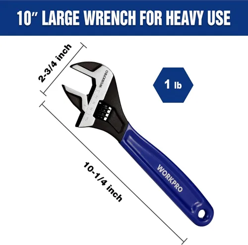 Miniatura 4 de WORKPRO Llave ajustable de 10 pulgadas, llave de mandíbula ancha de acero Cr-V con óxido negro, escalas métricas y SAE, para el hogar, garaje, Azul