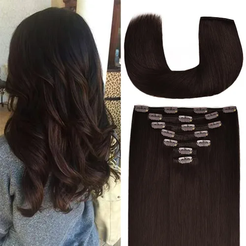 Miniatura 10 de Extensiones de cabello humano Remy de 12 pulgadas con clip para mujer, extensiones de cabello humano sedoso y liso, 1.76 onzas, 4 piezas