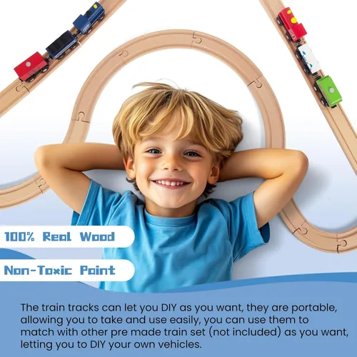 Miniatura 6 de Juego de 58 pistas de tren de madera, expansión de vías y 9 piezas distintas, 100% compatible con todas las principales marcas, incluido el sistema