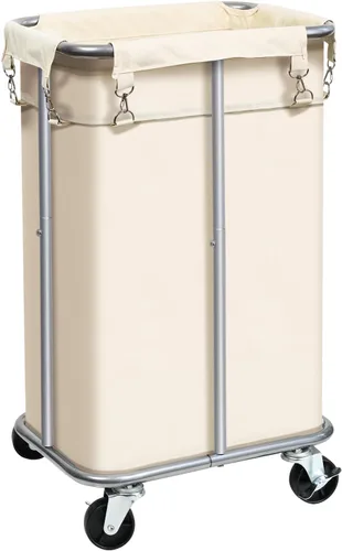 Cesta de lavandería con ruedas, cesta de lavandería enrollable con bolsa extraíble, carrito clasificador de ropa de 100 L, organizador de ropa Crema