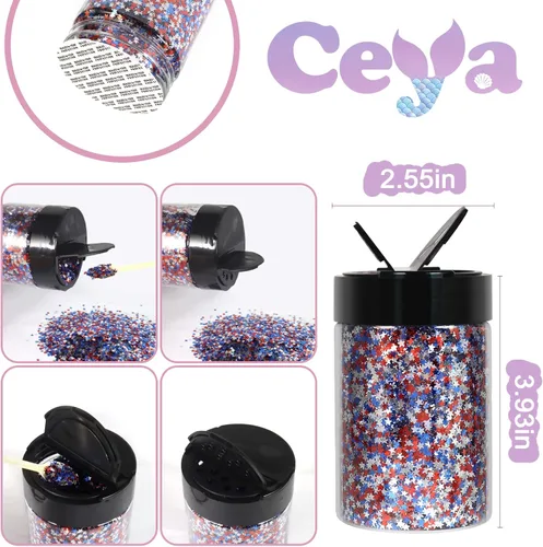 Miniatura 4 de Ceya Estrella con purpurina de confeti de 0.118 pulgadas, 3.9 onzas, rojo, azul, blanco, cuerpo grueso, purpurina para el cabello, copos Estrella