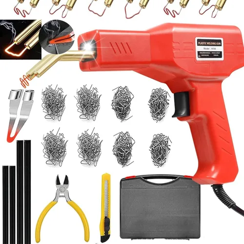 Soldador de plástico, kit de reparación de soldadura de plástico 2 en 1 con 1000 grapas calientes, 4 varillas de soldadura de plástico, cuchillo,