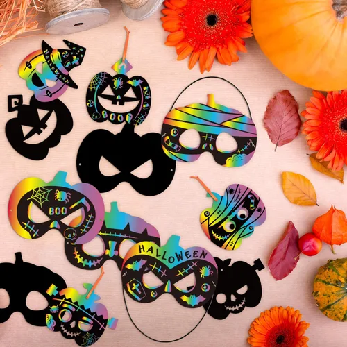 Miniatura 4 de BeYumi Juego de 72 piezas de papel de rascar de calabaza de Halloween para niños, papel mágico para rascar, tarjetas de máscara de manualidades