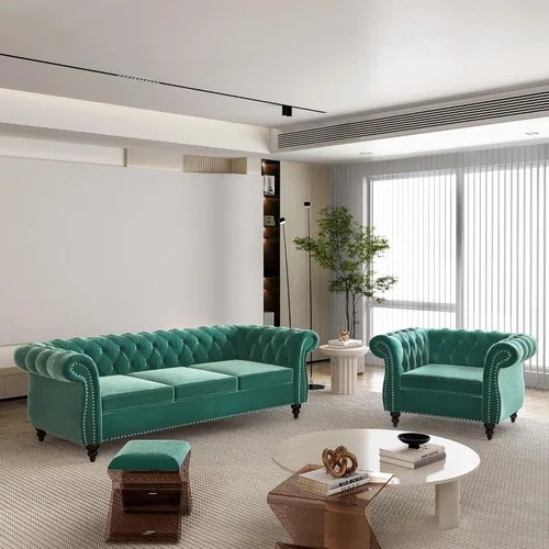 Miniatura 30 de QHITTY Juego de 2 piezas para sala de estar, Sofá Seccional Chesterfield Silla Contemporáneo Tapizado de Terciopelo Loveseat Juego de Sofás