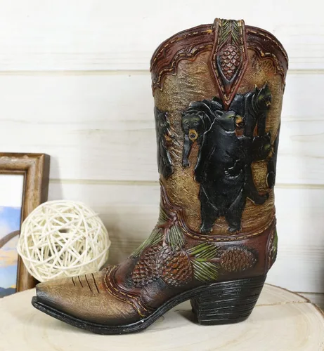 Miniatura 2 de Ebros Gift Familia rústica de oso negro occidental con piñas de pino, bota de vaquera del bosque, figura decorativa o florero floral, macetero