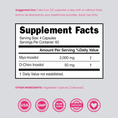 Miniatura 6 de Suplemento de Myo-Inositol y D-Chiro Inositol para Mujeres (240 Cápsulas, 2050mg Por Porción, Relación Ideal 40:1 Myo Inositol) Equilibrio Hormonal