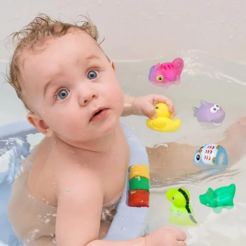 Miniatura 7 de Juguetes de baño Woby para niños de 1 a 3 años, juguetes de baño sin agujeros con luz LED para bebé, juguetes de baño para bebés, juego de animales