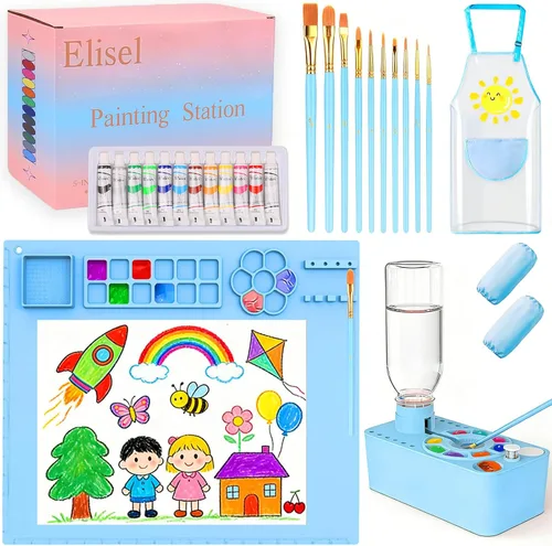 Elisel Estación de pintura, kit de suministros de pintura artística 5 en 1, limpiador de pinceles de pintura (actualizado), tapete de pintura de