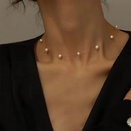 Miniatura 5 de Gargantilla bohemia con hebras de perlas invisibles, cadena satélite de perlas pequeñas, collar de perlas barroco, collar de perlas con cuentas