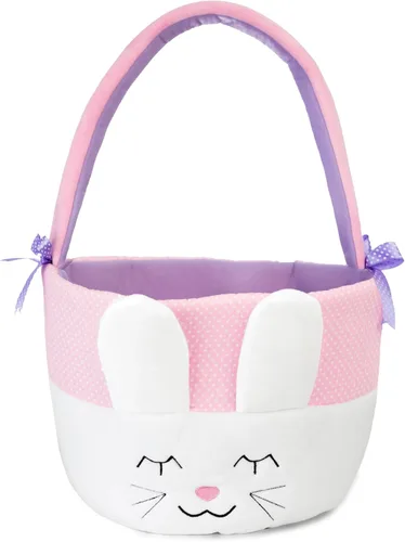 Cesta de Pascua de conejo de peluche para la primera Pascua del bebé, bolsa de regalo bordada suave para bebé niña o niño, adorable diseño de conejo