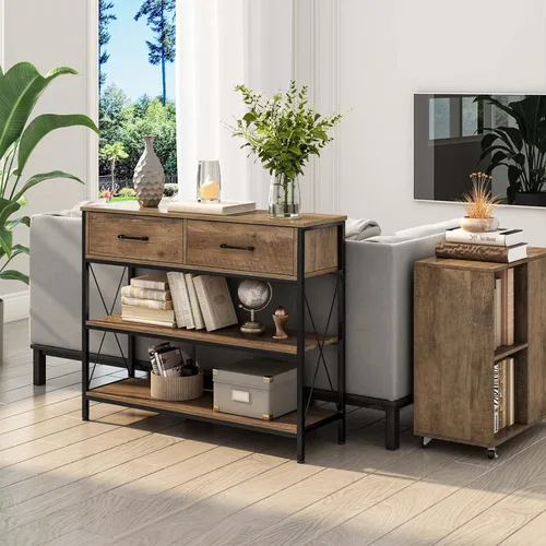 Miniatura 2 de HITHOS Mesa Consola Industrial con Cajones, Mesa de Vestíbulo de Entrada Vintage con Estantes de Almacenamiento, Mesa de Entrada Estrecha y Larga