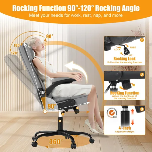 Miniatura 3 de Silla de oficina ejecutiva con reposabrazos abatibles, sillas ergonómicas de escritorio para computadora, silla de oficina de cuero con respaldo Gris