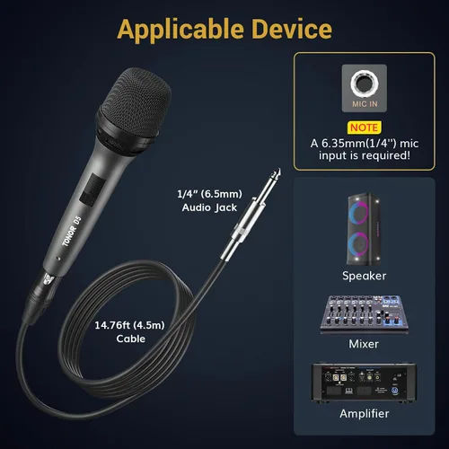 Miniatura 5 de TONOR Micrófono Vocal Profesional para Cantar, Micrófono de Karaoke Dinámico de Mano con Cable, Micrófono de Estudio Cardioide con Cable XLR de 4.5M