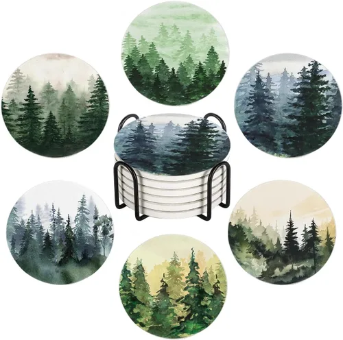 Juego de 6 posavasos para bebidas, juego de posavasos absorbentes redondos de piedra cerámica con diseño de paisaje de acuarela de bosque de pinos,