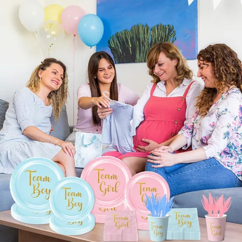 Miniatura 2 de 120 piezas de suministros para fiesta de revelación de género para bebé, equipo niño o niña, platos de papel, servilletas, color rosa y azul