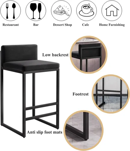 Miniatura 7 de Juego de 1/2 taburetes de bar, sillas de bar tapizadas de terciopelo con reposapiés, taburetes de encimera de cocina, marco de hierro de metal negro
