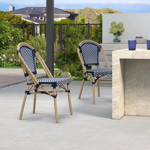 Miniatura 29 de PURPLE LEAF Juego de 1 silla de comedor al aire libre, marco de aluminio francés en acabado de bambú con ratán tejido ámbar y blanco para cocina