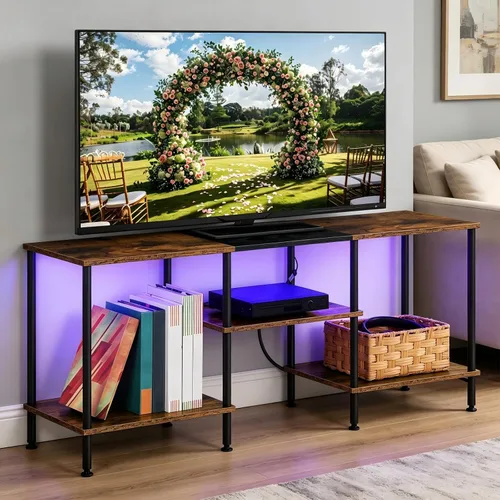 Miniatura 9 de BTY Soporte de TV con luces LED, centro de entretenimiento de TV industrial con estación de carga y estantes de almacenamiento abiertos, consola