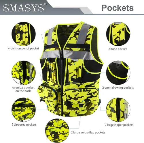 Miniatura 2 de Chaleco de seguridad Hi Vis con cintas reflectantes 3M, tela Oxford con 11 bolsillos, ropa de trabajo de construcción de visibilidad brillante