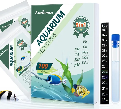 Miniatura 9 de Umlecoa Kit de prueba de acuario 7 en 1 para agua dulce y salada - 125 tiras de prueba de acuario con tubo de ensayo y termómetro - Tiras de prueba