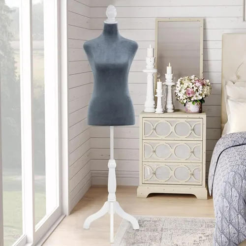 Miniatura 2 de Maniquí femenino con forma de torso, cuerpo de maniquí para vestido, altura ajustable de 49.6 a 63.4 pulgadas, soporte de trípode de madera, espuma