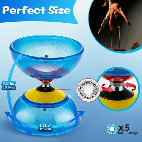 Miniatura 2 de Juego de 6 piezas de juguetes de Diábolo chino incluye 5 pulgadas, cinco rodamientos, juguetes de bola azul Yoyo con 2 palos de aleación, 2 cuerdas