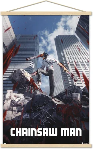 Trends International Chainsaw Man - Póster de pared de arte clave, 22.37 x 34.00 pulgadas, paquete de impresión premium y colgador de madera de haya
