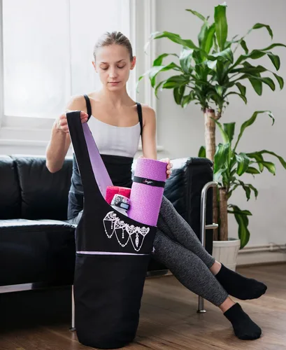 Miniatura 8 de Bolsa para esterilla de yoga: bolsa de yoga versátil con correas para alfombrilla y bolsillos de almacenamiento, sostiene esterillas de yoga y Negro