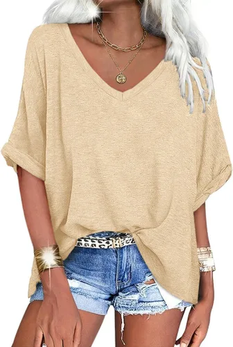 Miniatura 31 de UNCLECAT Camisetas de gran tamaño con cuello en V para mujer, camisas de manga corta de verano, holgadas, casuales
