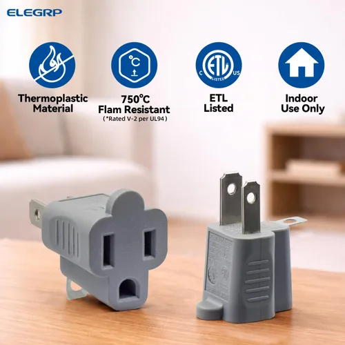 Miniatura 2 de ELEGRP Adaptador de 2 a 3 puntas, paquete de 2, gris - Adaptador de enchufe de conexión a tierra polarizado, certificación ETL