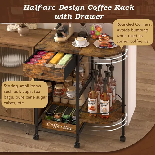 Miniatura 6 de VINAEMO Estación de café con ruedas y cajón de almacenamiento, soporte de mesa grande de 15.35 pulgadas de profundidad para cocina, oficina, sala