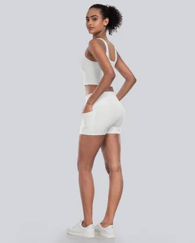Miniatura 5 de CHRLEISURE - Pantalones cortos de ciclismo para mujer con bolsillos de licra, cintura alta, con control de abdomen para entrenamiento, yoga
