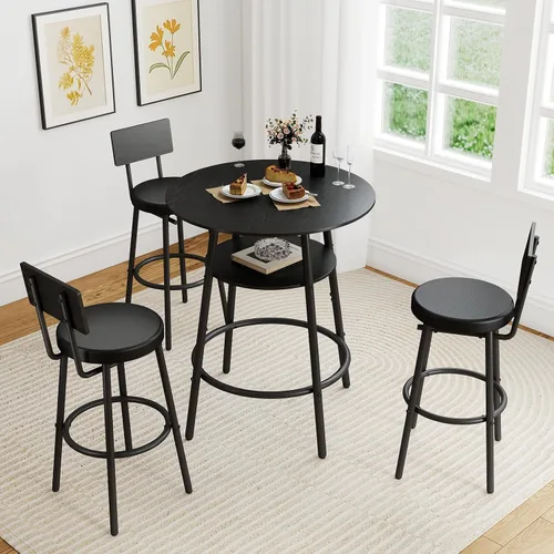 Zevemomo Juego de mesa redonda de bar de 4 piezas de 28.9 pulgadas, juego de 3 taburetes de bar, mesa de bar de cocina negra, mesa de desayuno con