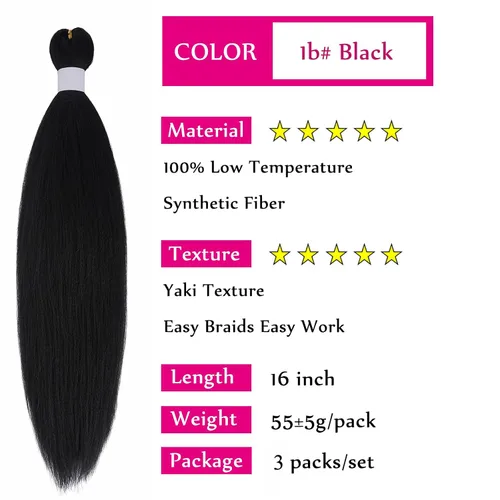 Miniatura 2 de Black Braiding Hair Pre Stretched 16 Inch Black Hair Extensions For Braiding Hypoallergenic Pre-stretched Braiding Hair Natural Knotless Crochet