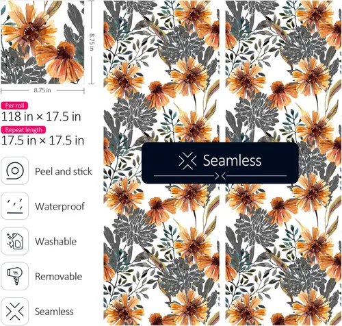 Miniatura 4 de ReWallpaper Papel tapiz floral removible de 17.5 pulgadas x 23 pies, papel de contacto floral vintage, papel tapiz de girasol amarillo, rollo