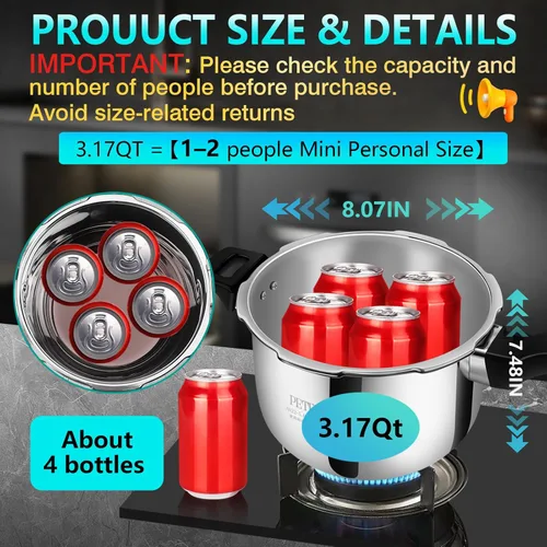 Miniatura 3 de Olla a presión de acero inoxidable de 3 cuartos pequeña, 8 en 1, compatible con inducción, más de 8 características de seguridad, estufa