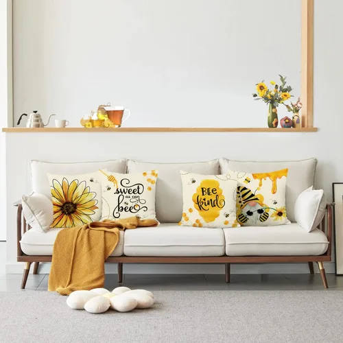 Miniatura 3 de Bonhause Juego de 4 fundas de almohada de 18 x 18 pulgadas con diseño de abeja de verano, diseño de gnomo de girasol, color amarillo miel, fundas