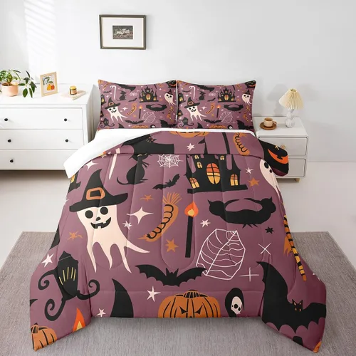 Miniatura 12 de Erosebridal Ropa de cama de Halloween para niños y niñas, juego de edredón espeluznante de dibujos animados, tamaño individual, relleno de edredón