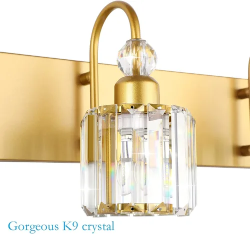 Miniatura 6 de Ralbay Luces doradas para tocador de baño, 3 luces, luces de tocador de cristal dorado sobre el espejo, accesorios de iluminación de tocador de baño