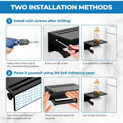 Miniatura 6 de Portarrollos de papel higiénico con estante, aluminio negro resistente a la oxidación con estante de almacenamiento para teléfono móvil para baño