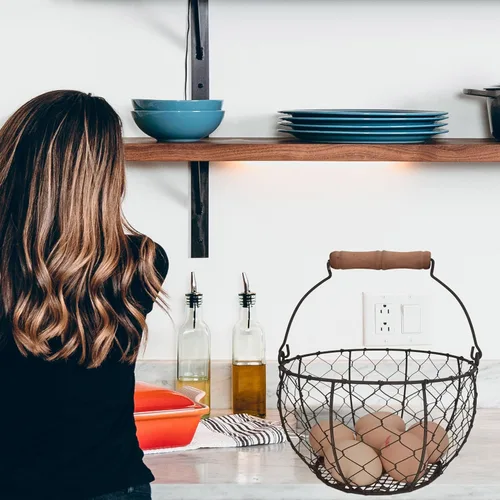 Miniatura 3 de TAIANLE. Cesta de huevos de alambre para recoger huevos frescos con asa, cesta redonda de metal para coleccionar huevos de estilo vintage, Malla