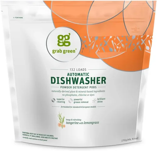 Grab Green Cápsulas de detergente automático para lavavajillas, 132 unidades, aroma a hierba de limón mandarina, a base de plantas y minerales,