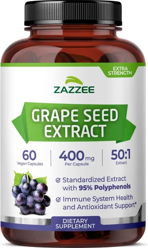 Zazzee Alta Potencia Extracto de Semilla de Uva 50:1, 60 Cápsulas Veganas, 95% Polifenoles, 400 mg por Cápsula, Suministro para 2 Meses, Extracto