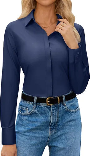 Miniatura 11 de siliteelon Womens Button Down Shirt Stretch Dress Shirt Collared Long Sleeve Hidden-Button Work Shirt Wrinkle-Free Blouse