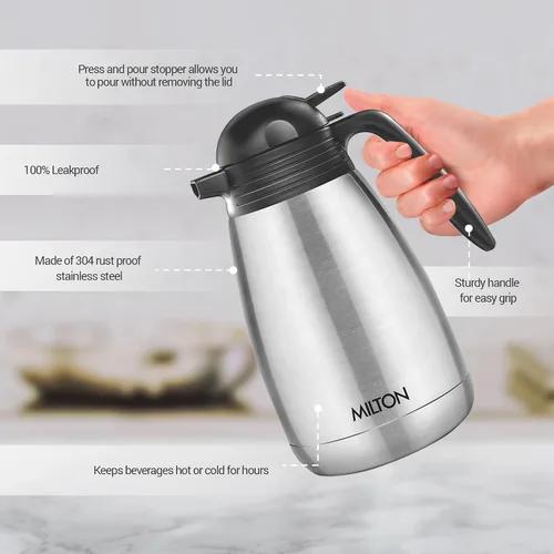 Miniatura 4 de Milton Thermosteel Jarra térmica de doble pared aislada al vacío, 50.7 fl oz, 50 onzas, tapa para prensar y verter, 24 horas de calor y frío, acero
