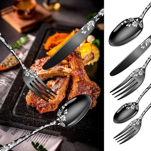 Miniatura 3 de Juego de cubiertos para 12 cubiertos, 60 piezas, diseño único de patrón de flores, utensilios de cocina de acero inoxidable, juego de cubiertos Oro