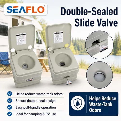 Miniatura 9 de SEAFLO Premium Camping Portable Toilet - 5.8 Gallon Waste 3.43 Gall Fresh Tank (100 Flushes), 440 lbs Max Weight, Level Indicator, Sealed Waste Tank
