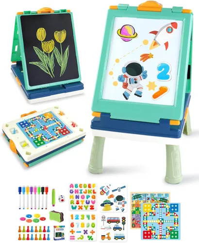 Miniatura 11 de Elovien Caballete para niños, caballete de arte de doble cara 4 en 1 con pizarra y pizarra blanca magnética, caballete de mesa plegable para niños